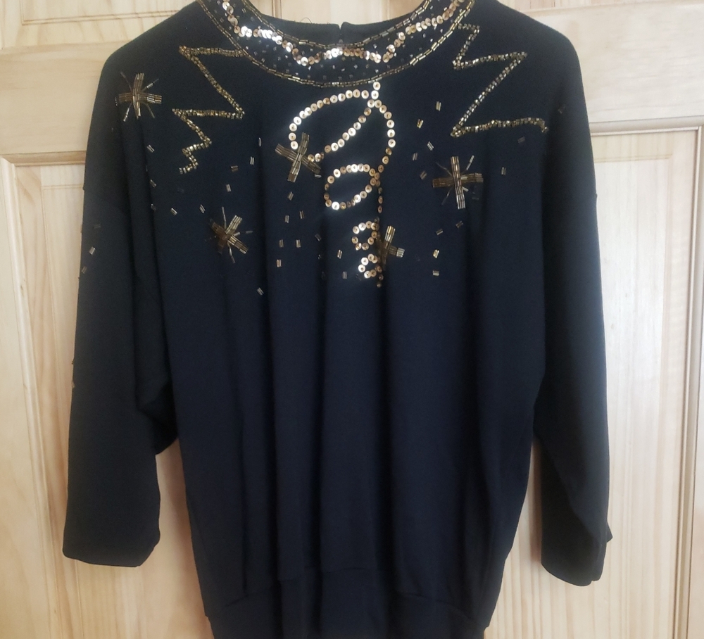 Vintage 1980's gold beaded sweater gold sequins, shoulder pads